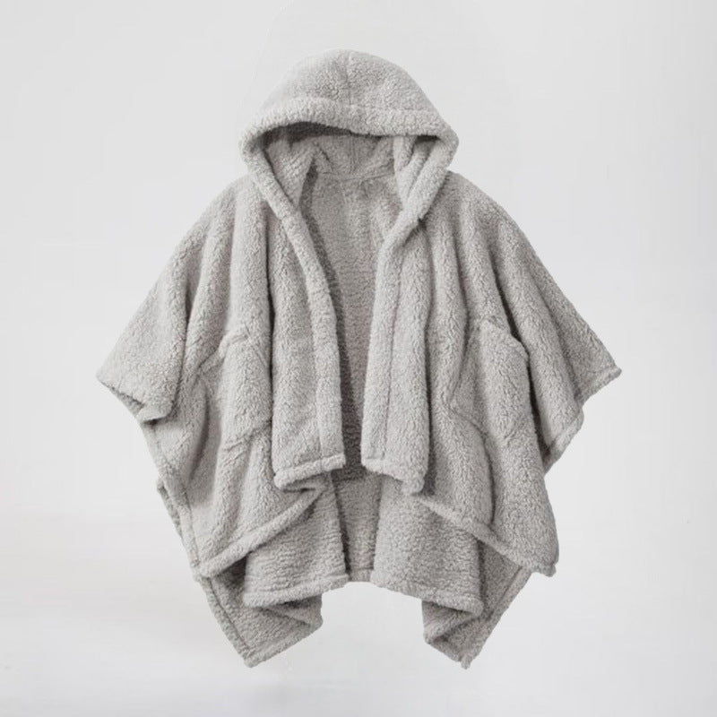 Women's Hooded Poncho made of Teddy Fleece with Applied Pockets Amarae