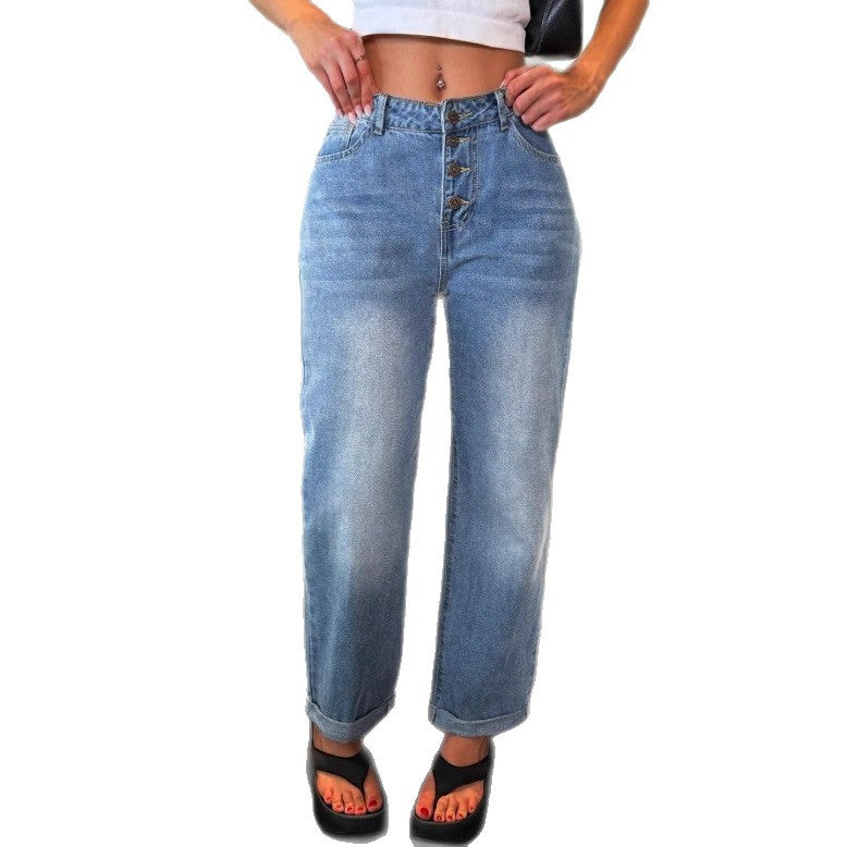 Women's High-Waisted Relaxed-Straight Jeans with Visible Button Placket and Cuff Amarae