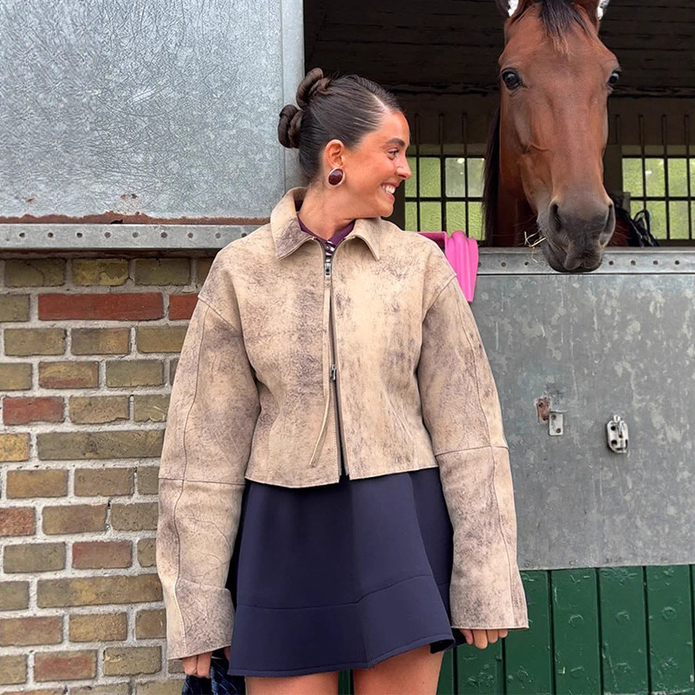 Women's short cut suede jacket in used look with extra long sleeves and two-way zipper Amarae
