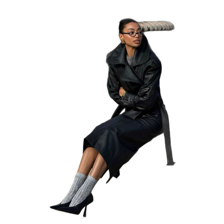 Women's Tailored Leather Jacket with Short Cape Insert, Shoulder Pads and Tie Belt Amarae