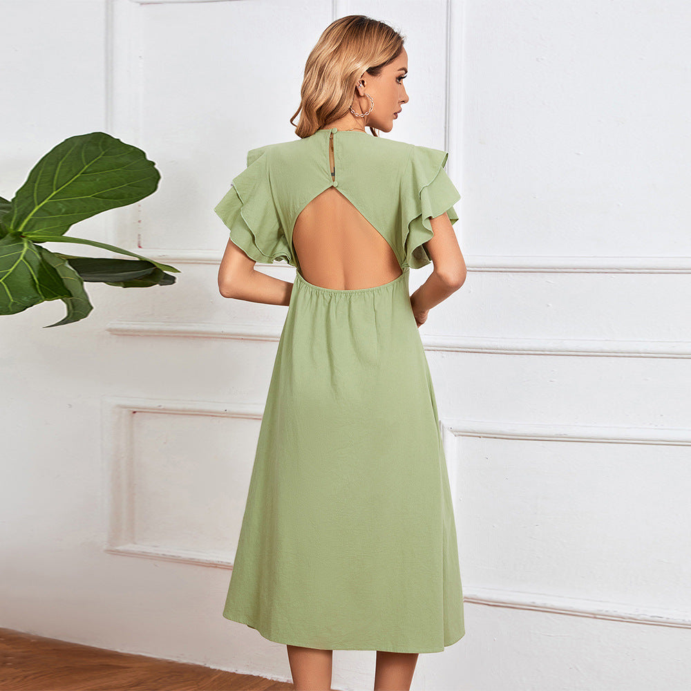 Robe midi élégante pour femmes avec détails en volants et patte de boutonnage Chic & Stil