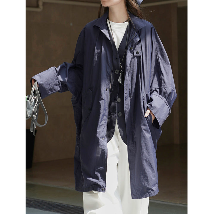 Women's Light Oversized Rain Parka with High Stand-Up Collar and Concealed Snap Button Placket Amarae
