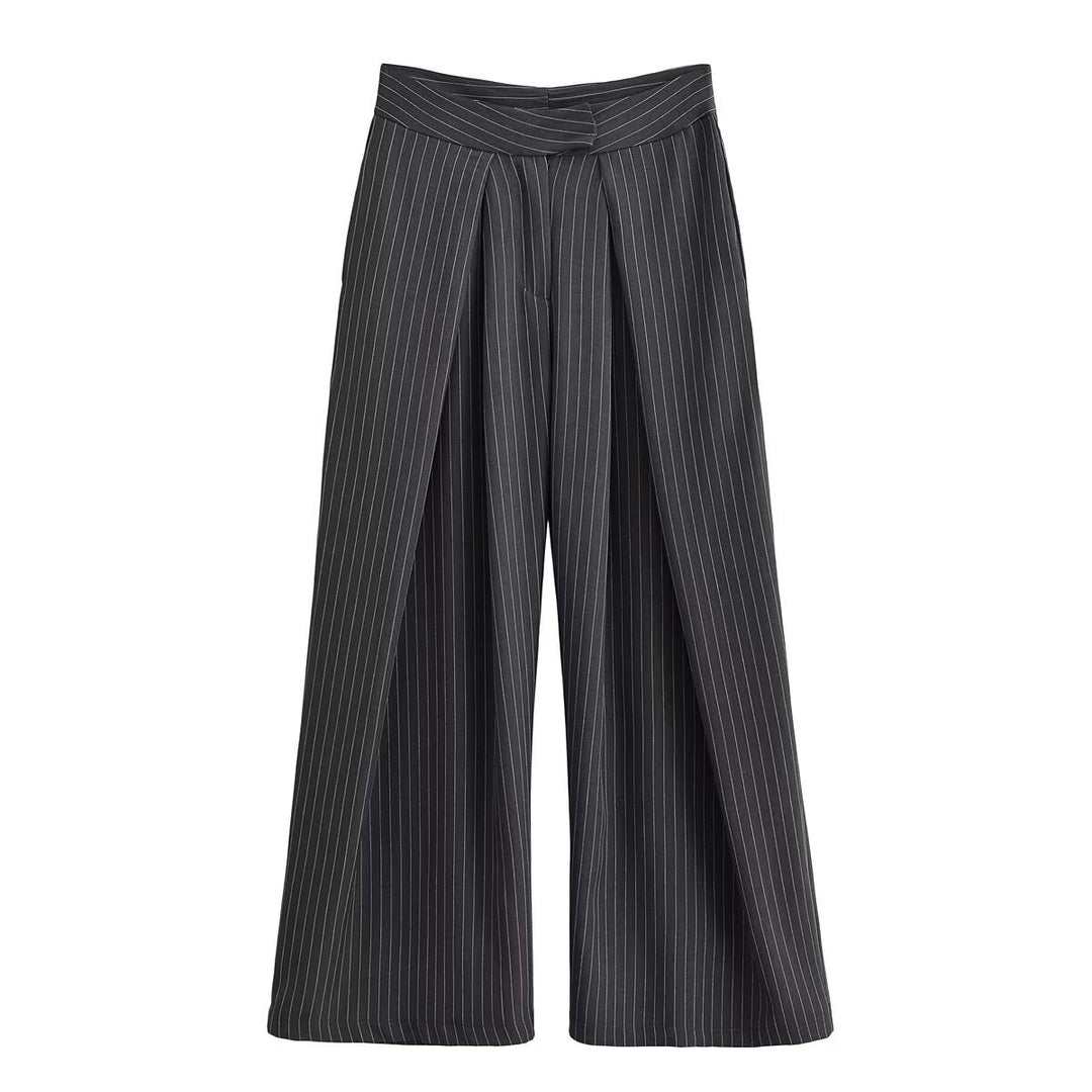 Women's palazzo pants with pinstripes, front segmented pleats, and high waistband Amarae