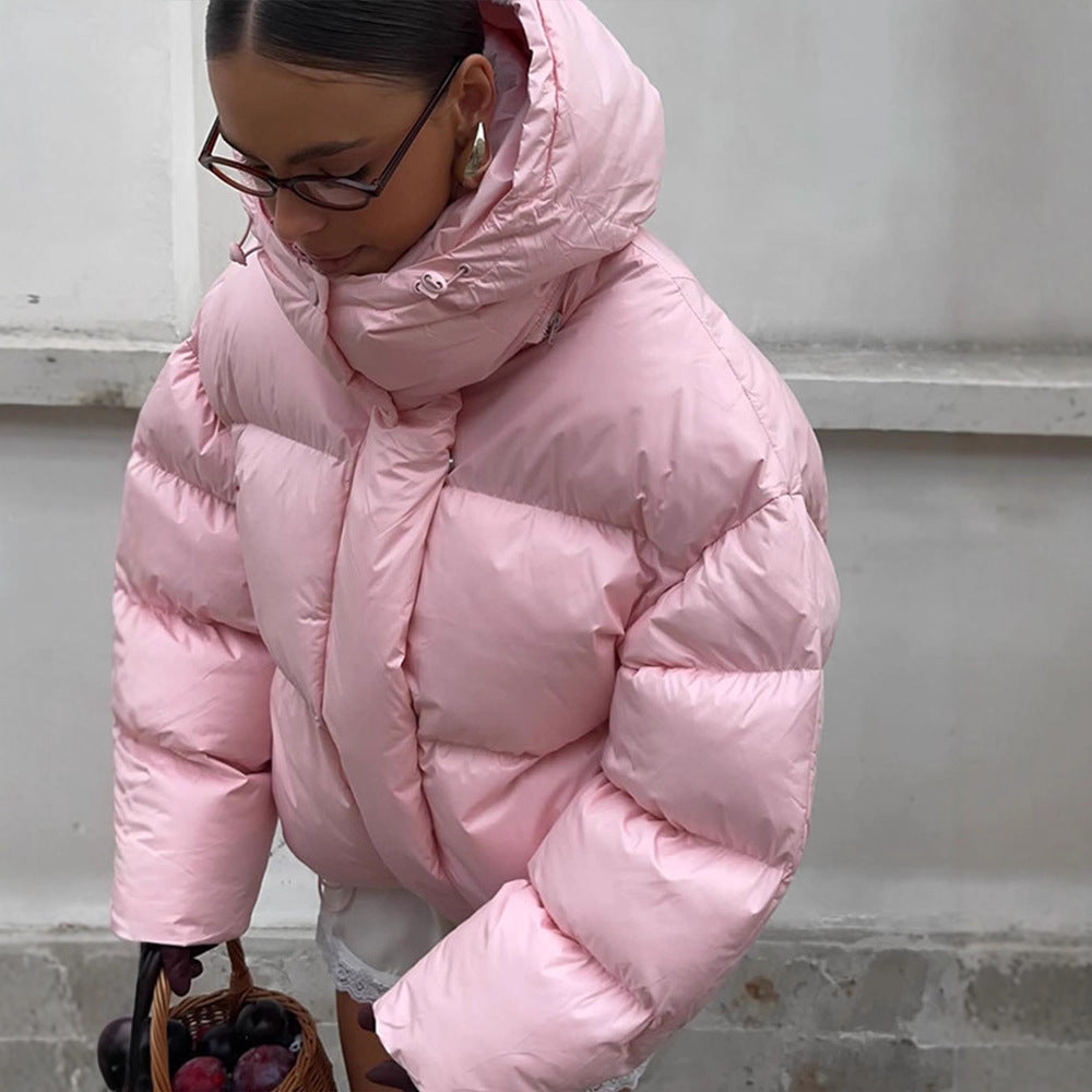 Women's short oversized quilted down jacket with hood and high stand-up collar Amarae
