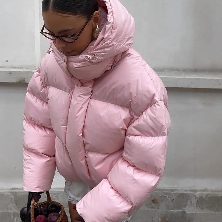 Women's short oversized quilted down jacket with hood and high stand-up collar Amarae