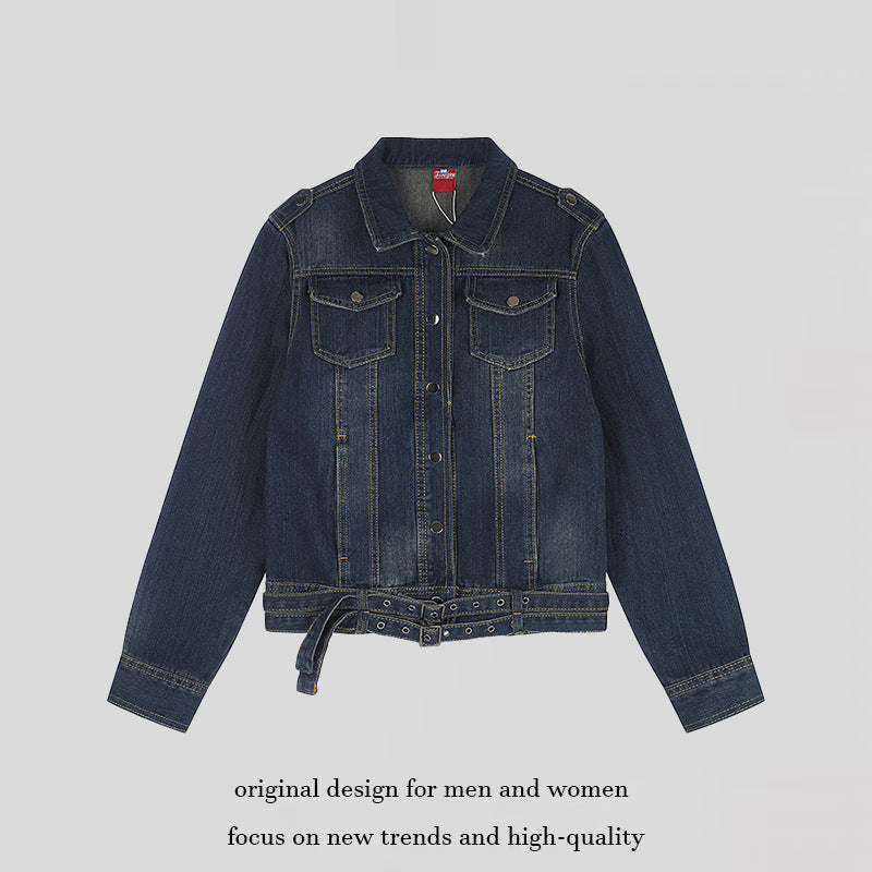 Ladies short denim jacket with waist belt, snap front and patch breast pockets Amarae