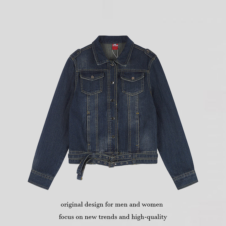 Ladies short denim jacket with waist belt, snap front and patch breast pockets Amarae