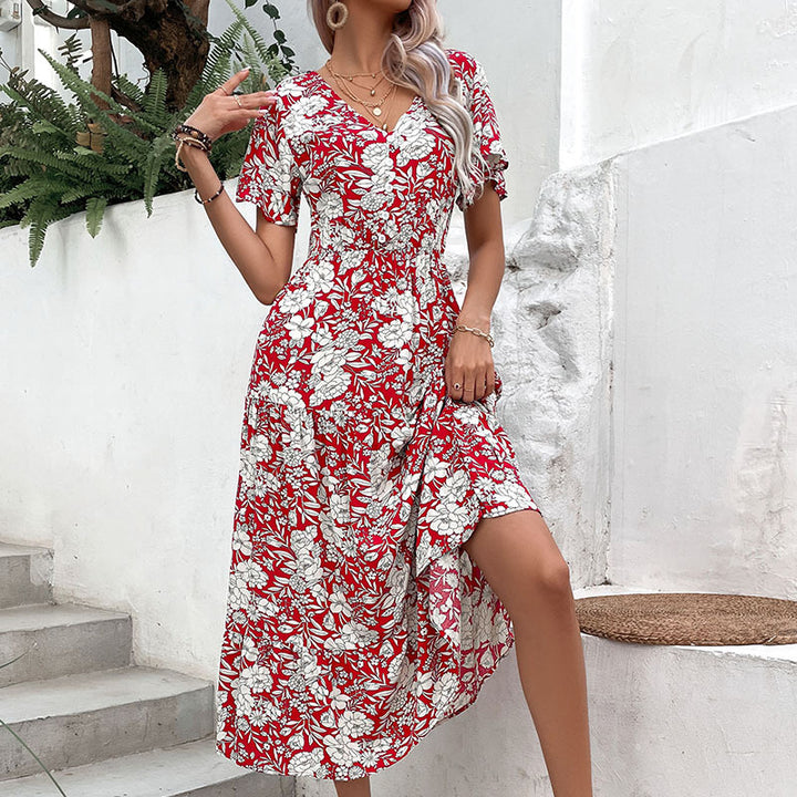 Midi floral print dress for women with V-neck and floating short sleeves Lune London
