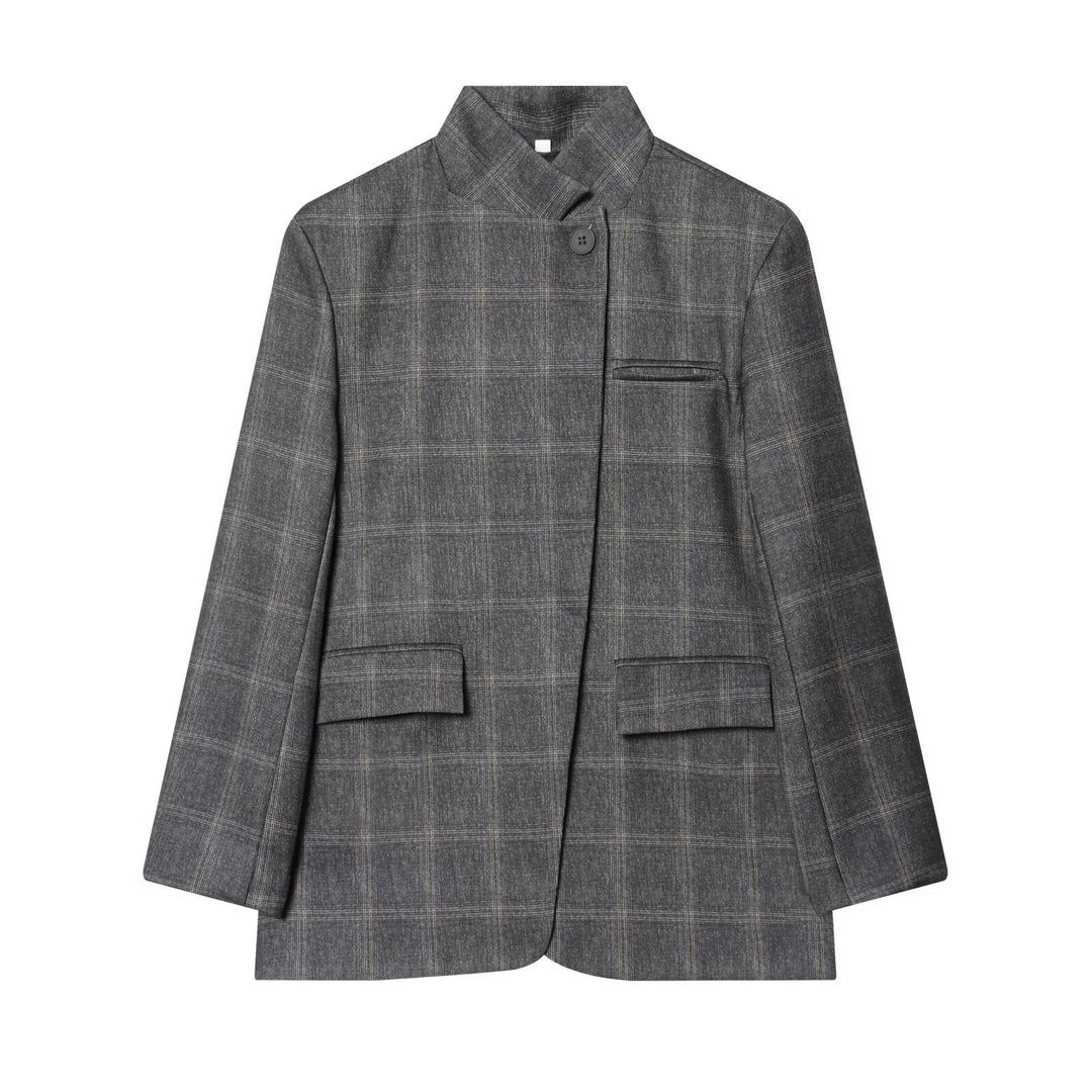 Women Checked Long Blazer with Stand Collar, Concealed Button Placket and Flap Pockets Amarae