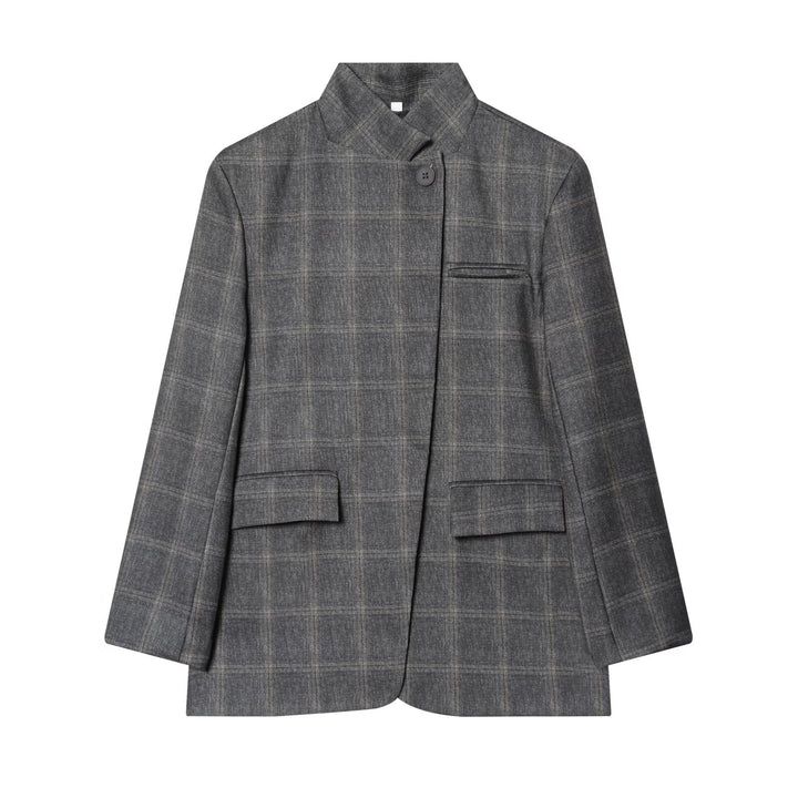 Women Checked Long Blazer with Stand Collar, Concealed Button Placket and Flap Pockets Amarae