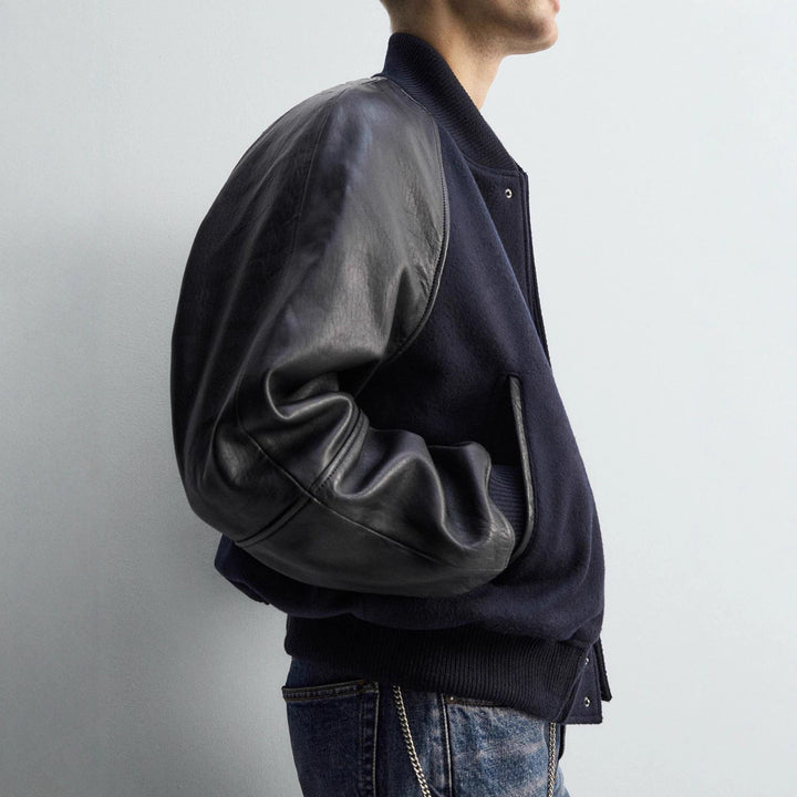 Men's College Bomber Jacket with Wool Body and Leather Sleeves Amarae