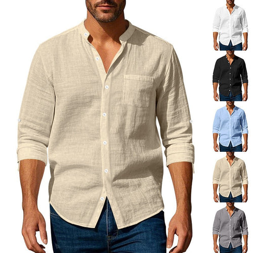Linen shirt for men with stand-up collar and chest pocket Amarae