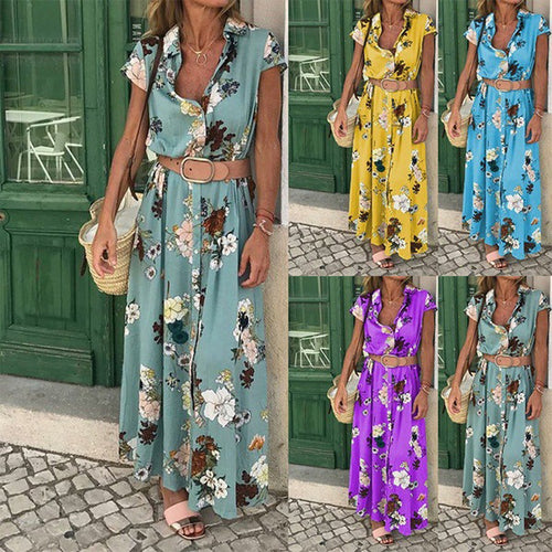 Maxi dress for women with floral pattern and elegant waist belt Amarae