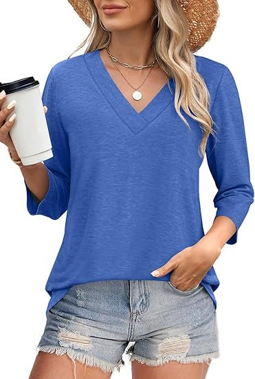 Women's V-Neck Top with Three-Quarter Sleeves and Side Slits Lune London