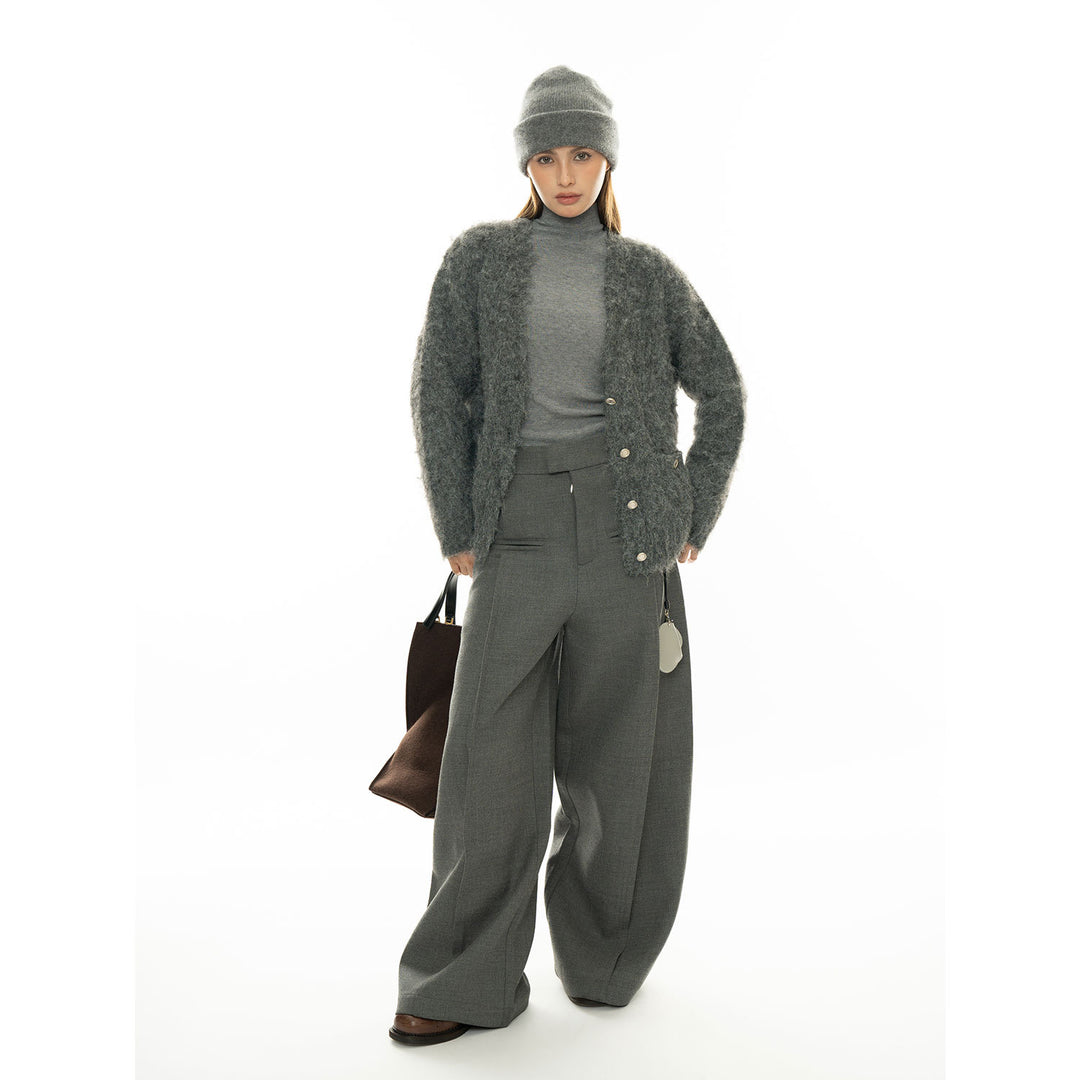 Ladies Chunky Fluffy Mohair-Look Cardigan with Button Placket and Pockets Amarae