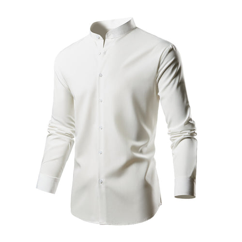 Long sleeve kimono shirt for men with modern stand collar and stylish button details Amarae