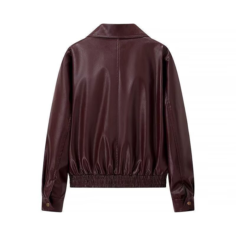 Women's Shiny Leather-Look Blouson Jacket with Shirt Collar, Zipper and Elastic Hem Amarae