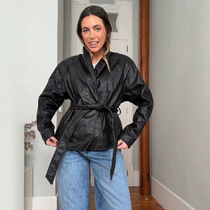 Women's Tailored Wrap Blouson in Structured Leather Look with Tie Belt Amarae