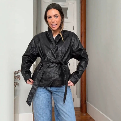 Women's Tailored Wrap Blouson in Structured Leather Look with Tie Belt Amarae
