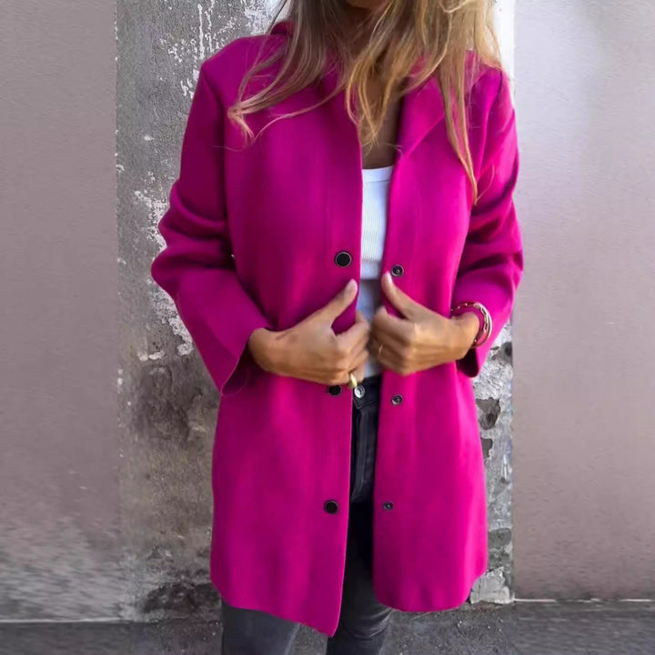 Women's Midi Length Oversized Coat made of Wool Blend with Clear Button Placket and Minimalist Lapels Amarae