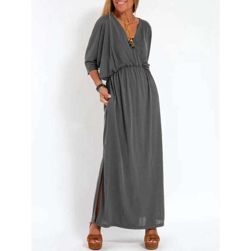 Casual maxi dress for women with V-neck and side slits Lune London