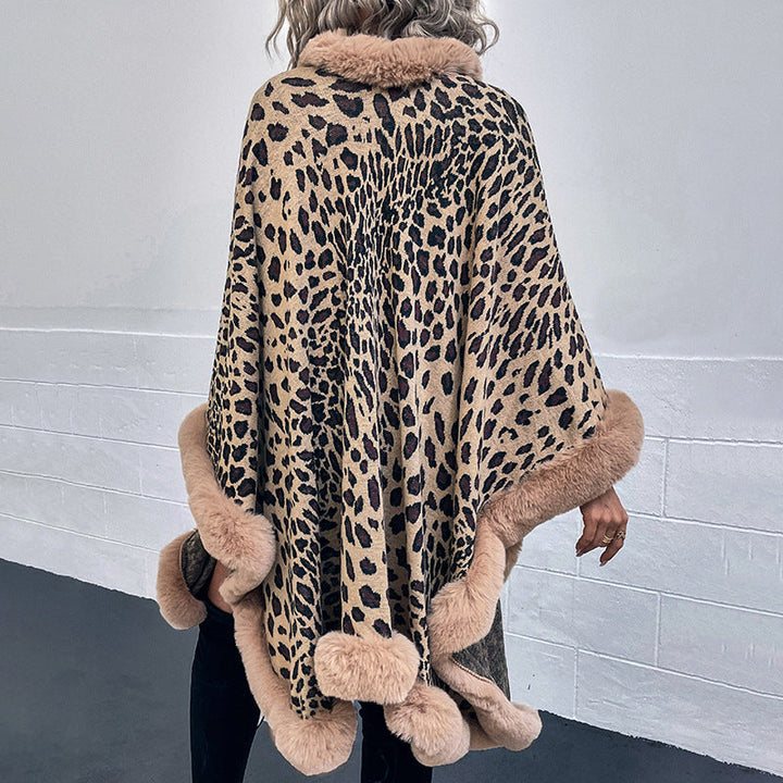 Women's Cozy Poncho with Luxurious Faux Fur Trim and Leopard Print Lune London