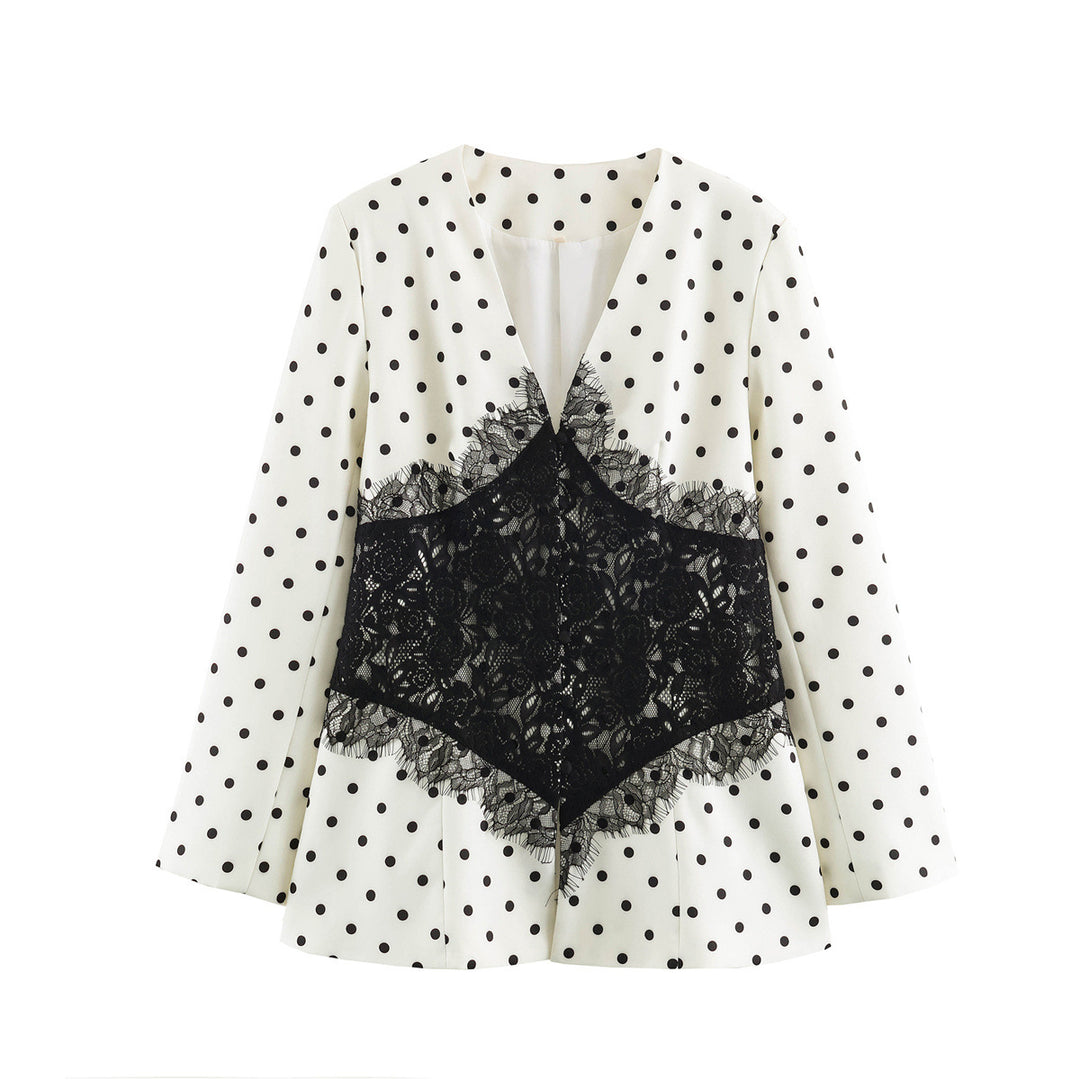 Women's Tailored Blazer with Polka Dot Pattern and Lace-Trimmed Corset Detail Amarae