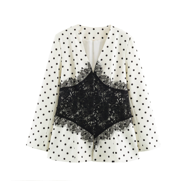 Women's Tailored Blazer with Polka Dot Pattern and Lace-Trimmed Corset Detail Amarae