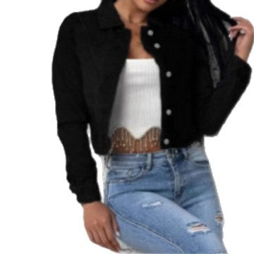 Women short-cut fitted denim jacket with full button placket and shirt collar Amarae