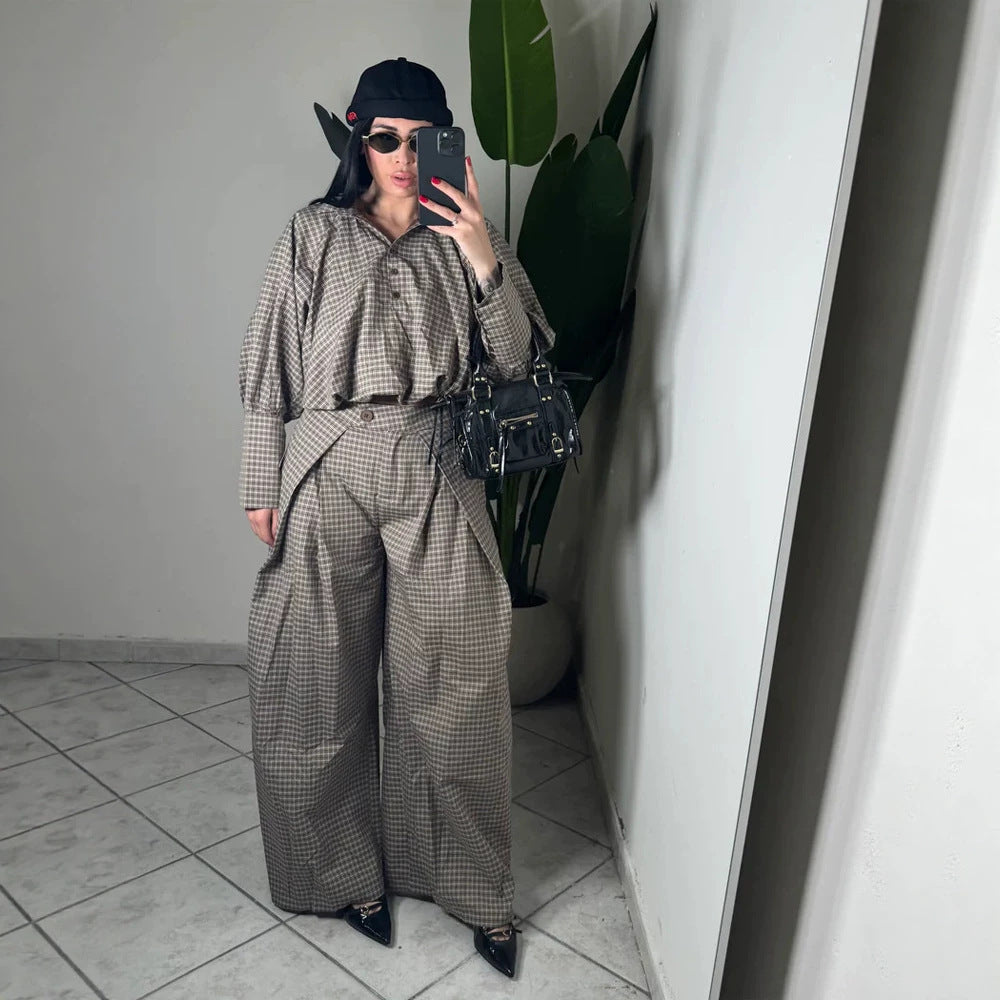 Women's Two-Piece Checked Set with Cropped Oversized Shirt and Wide Pleated Trousers Amarae