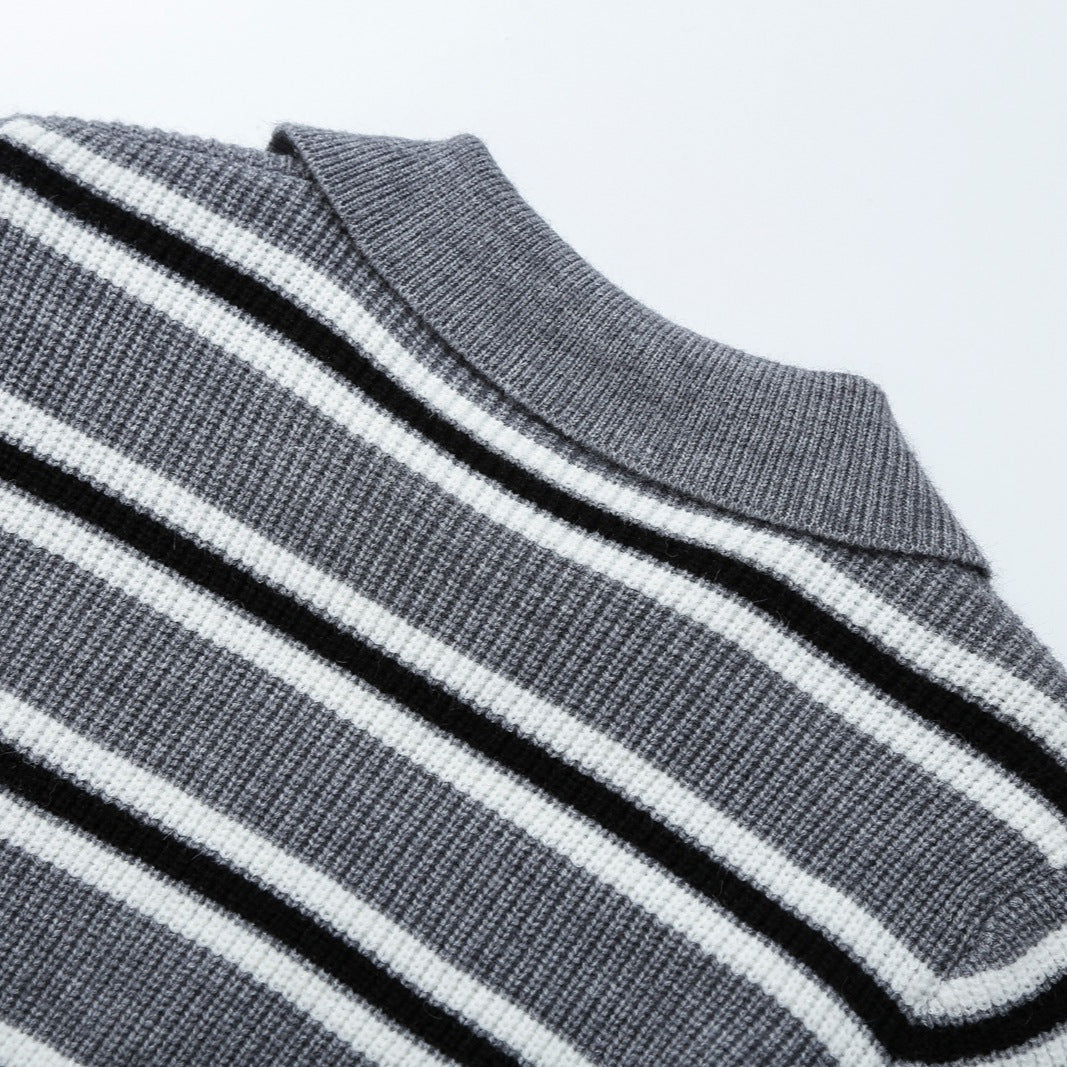 Women's Striped Knit Sweater with Polo Collar and Half Zipper Amarae