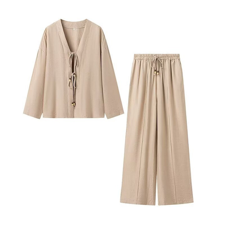 Ladies Lightweight Two-Piece Lounge Set with V-Neck and Loose Elastic Waist Pants Amarae