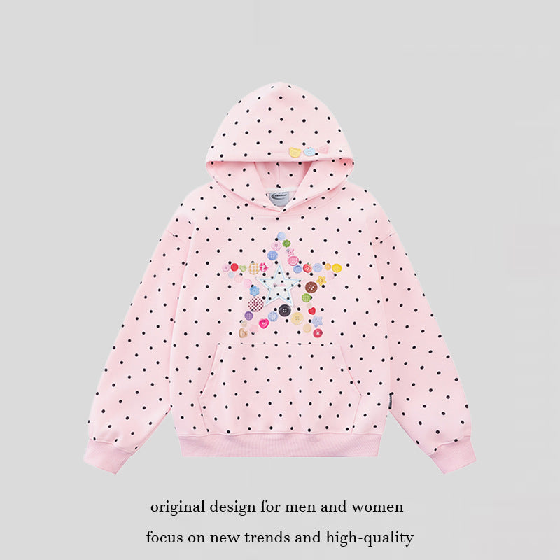 Women's hoodie with button star appliqué, allover polka dot and kangaroo pocket Amarae