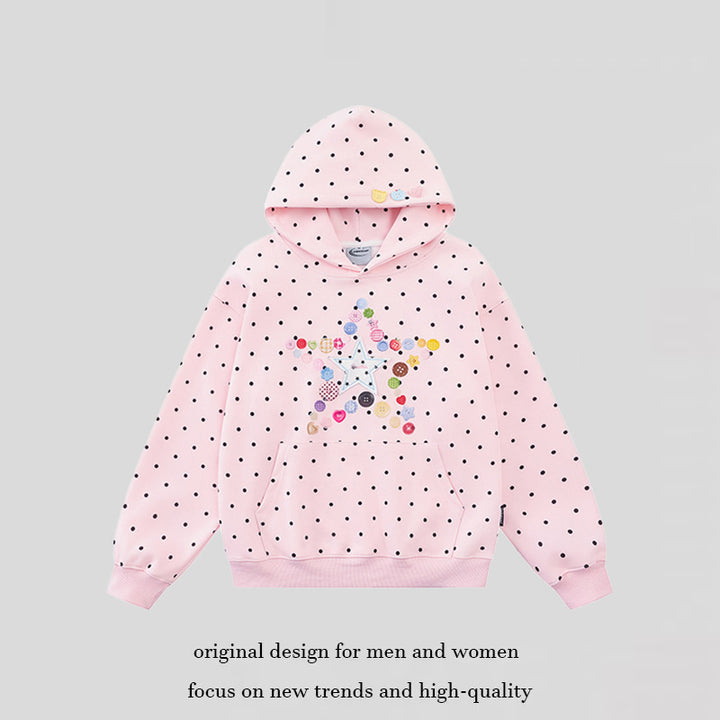 Women's hoodie with button star appliqué, allover polka dot and kangaroo pocket Amarae