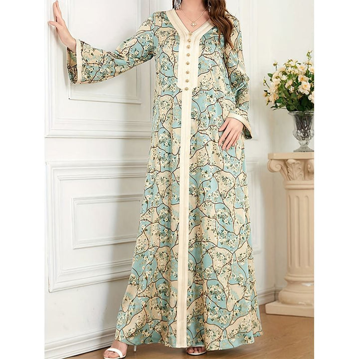 Maxi dress for women with artistic floral pattern and button details Lune London