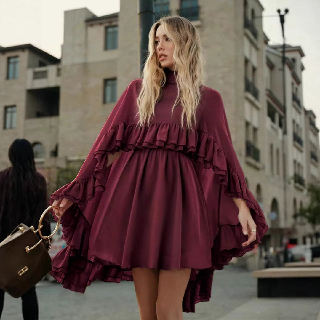Women Elegant Ruffle Dress with High Neckline and Flowing Cut Lune London
