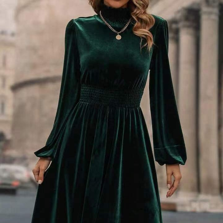 Women Velvet Dress with High Neck Design and Elegant Long Sleeves Lune London