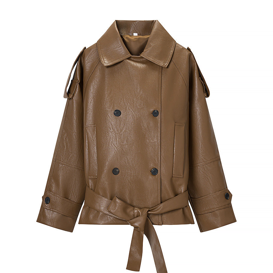 Women's Short Double-Breasted Faux Leather Trench with Waist Tie Belt Amarae