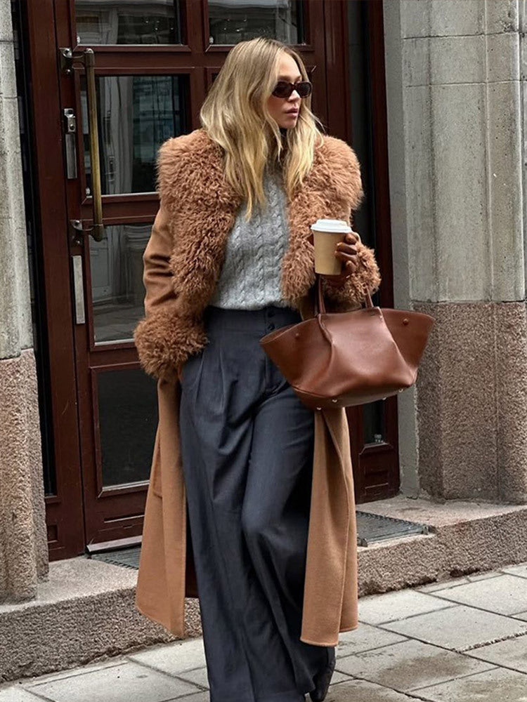 Ladies Maxilength Wool Blend Coat with Detachable Curly Faux Fur Shawl Collar and Fur Cuffs Amarae