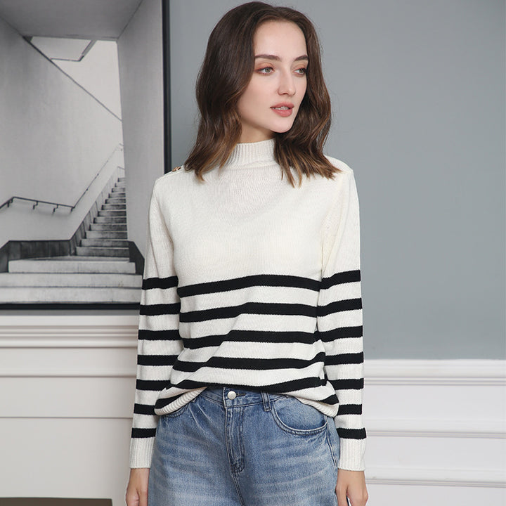Fashionable knitted sweater for women with striped pattern and button details Lune London
