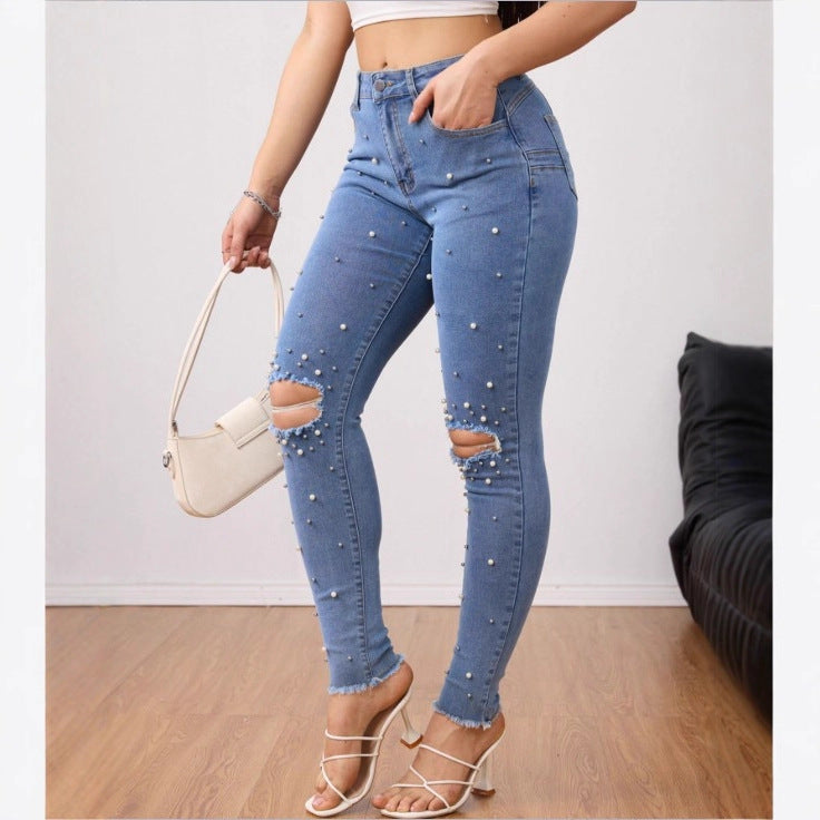 Women Pearl-Embellished High-Waist Skinny Jeans with Knee Rips and Raw Hem Amarae