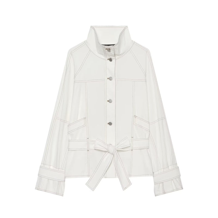 Women's Cropped Parka Jacket with high funnel collar, flap pockets and tie belt Amarae