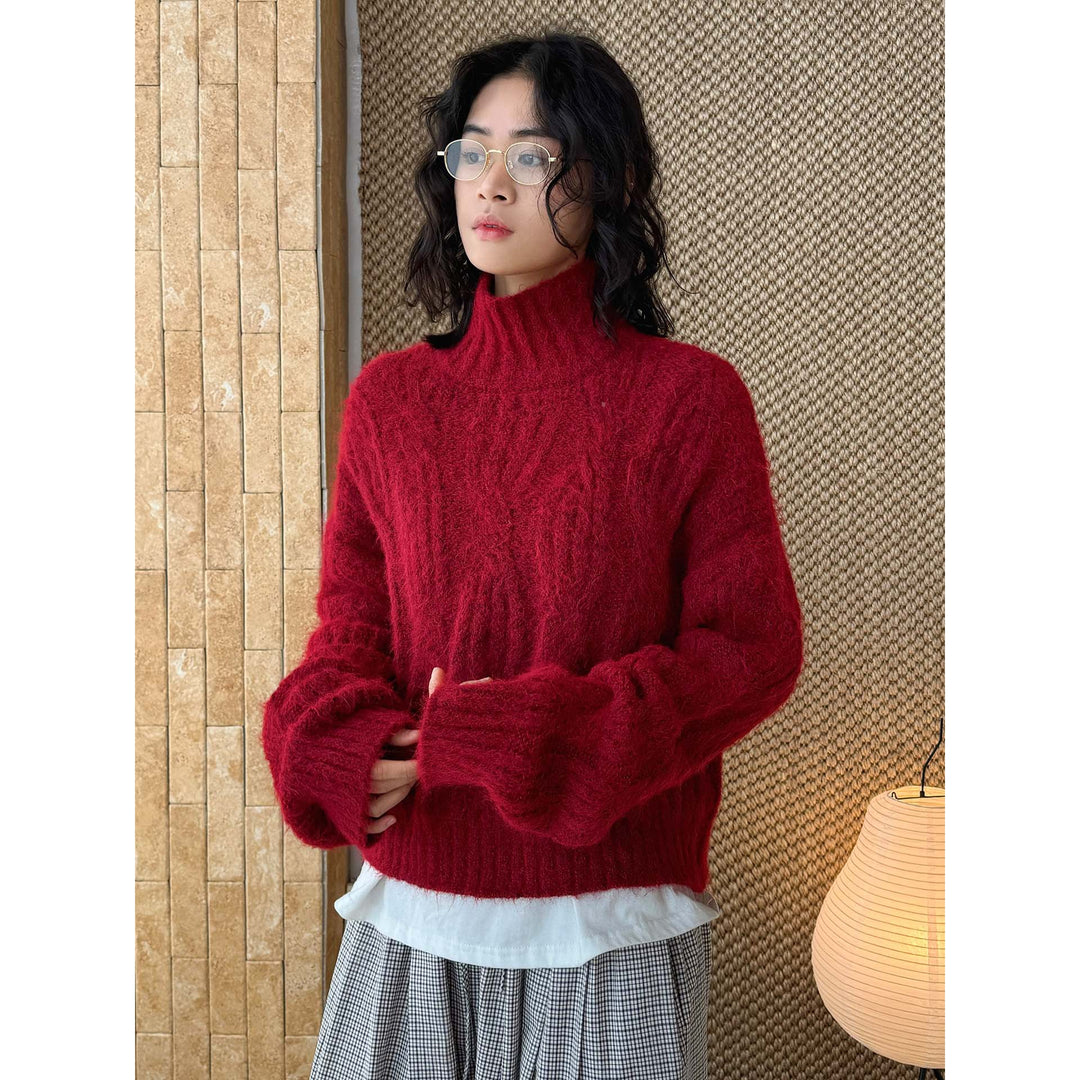 Women's Fluffy Turtleneck Sweater in Mohair Look with Voluminous Sleeves and Ribbed Hem