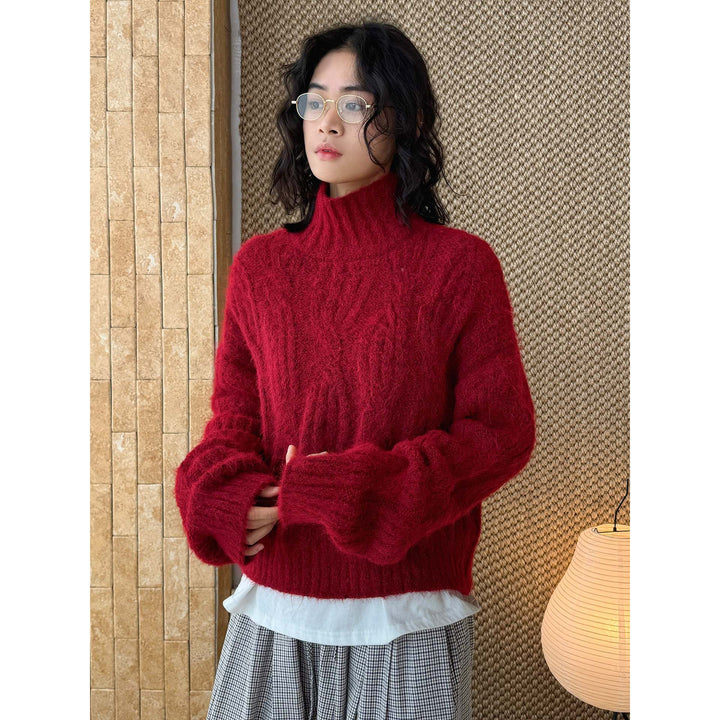 Women's Fluffy Turtleneck Sweater in Mohair Look with Voluminous Sleeves and Ribbed Hem