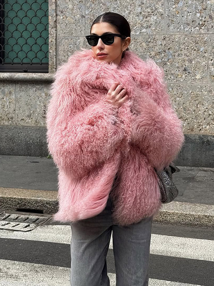 Women Short Cut Shaggy Faux Fur Coat with voluminous Shawl Collar and Oversized Silhouette Amarae