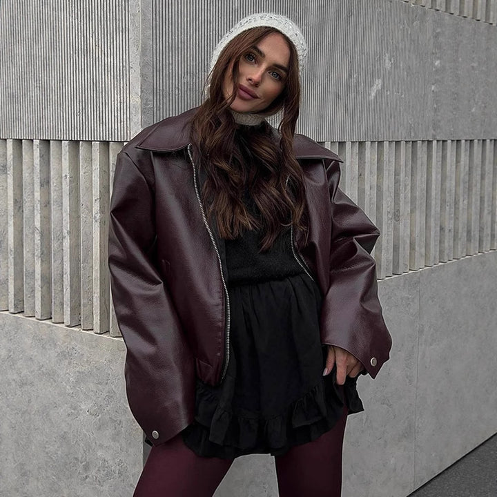 Women Short Oversized Faux Leather Flight Jacket with Distinctive Lapel and Snap Button Cuffs Amarae
