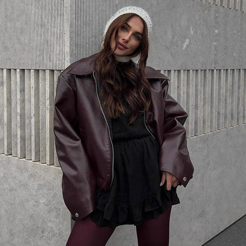 Women Short Oversized Faux Leather Flight Jacket with Distinctive Lapel and Snap Button Cuffs Amarae