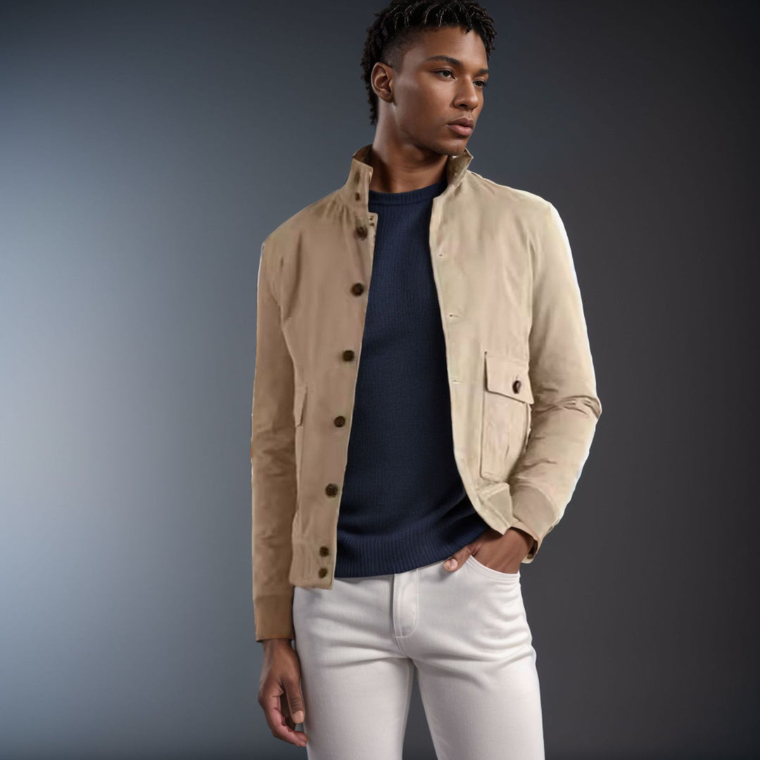 Trendy transitional jacket for men with high collar and patch pockets Lune London