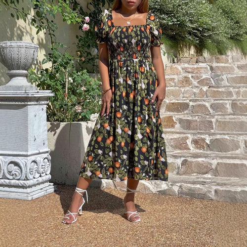 Maxi dress for women with floral embroidery and elastic insert Amarae