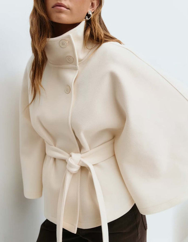 Women's Short Cape Coat with Stand-Up Collar, Oversized Sleeves and Tie Belt Amarae